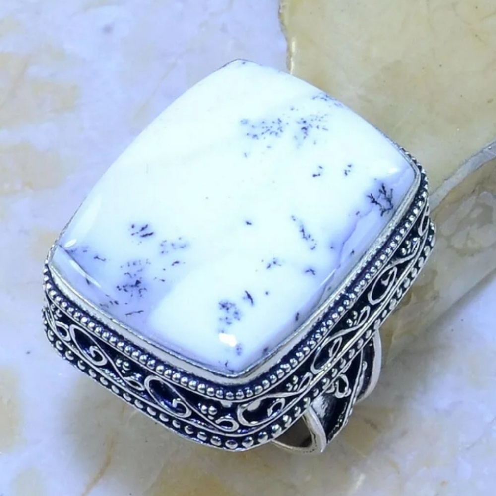 New Oversized Dendritic Opal 925 Silver Ring.